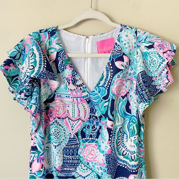 Lilly Pulitzer | Kathie Dress Lookin Sharp Flutter Sleeves V-neck Blue Size 0 - Picture 4 of 8